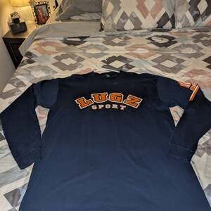 Vintage Lugz Jeans Spell Out Long Sleeve Heavyweight T-Shirt Navy Blue